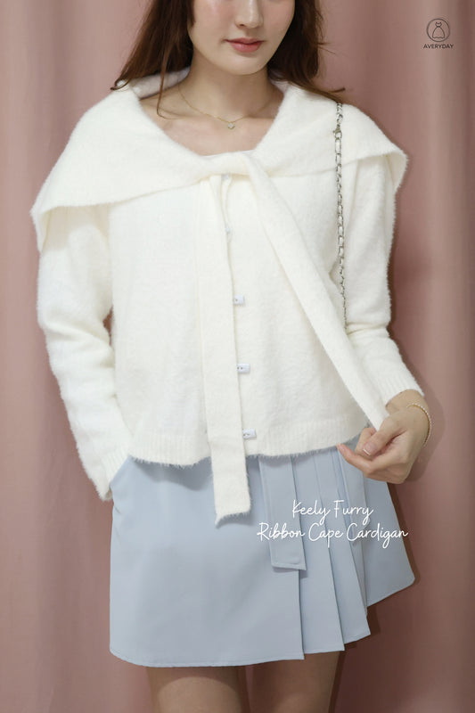 Keely Furry Ribbon Cape Cardigan In White