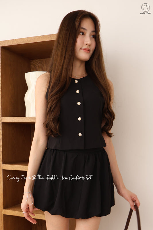 Chelsy Pearl Button Bubble Hem Co-Ords Set In Black