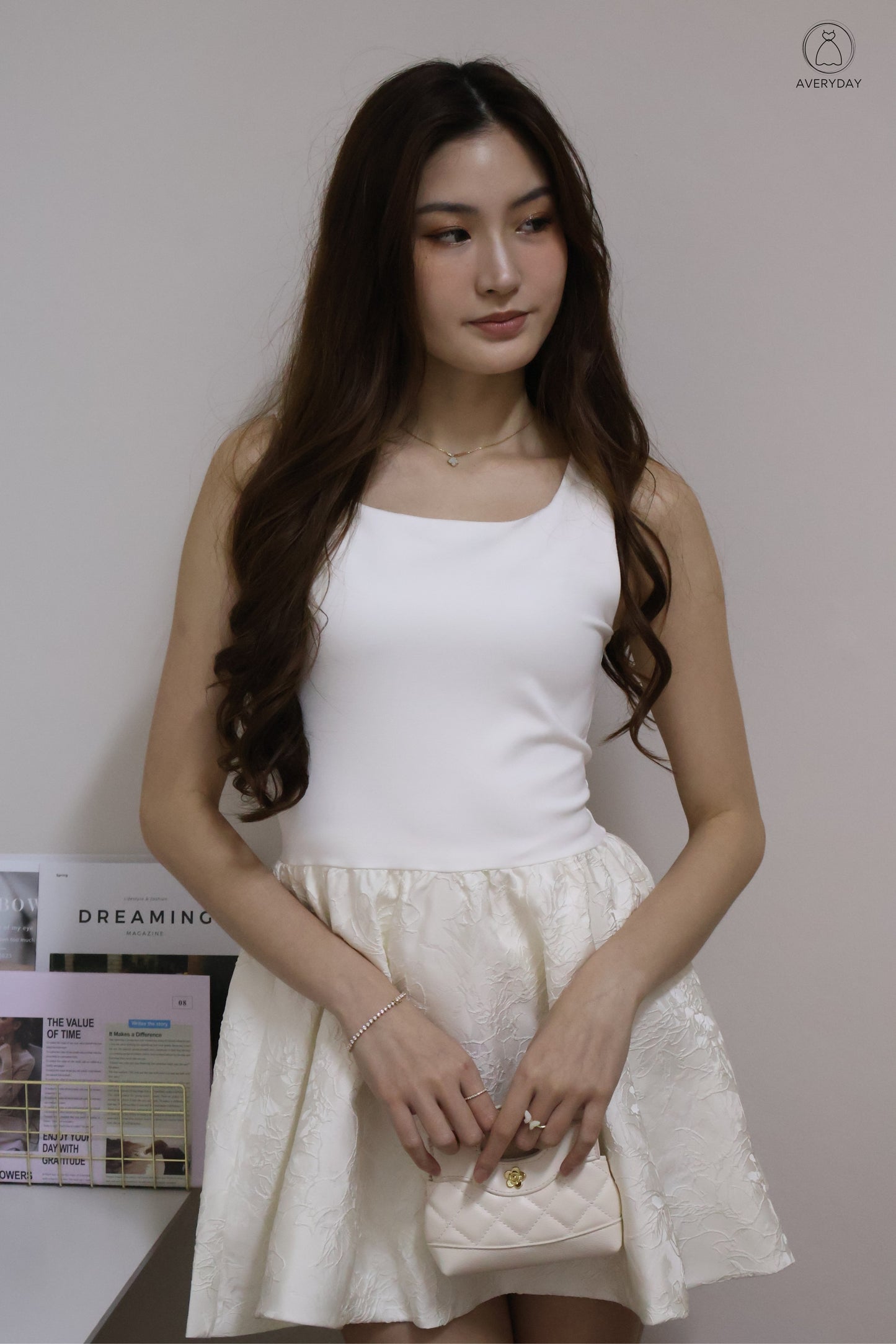 霓影 (Ní Yǐng) Festive  Bloom Lace Romper Dress In White (With Camellia Chain Sling)