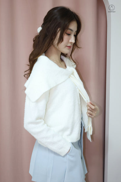 Keely Furry Ribbon Cape Cardigan In White