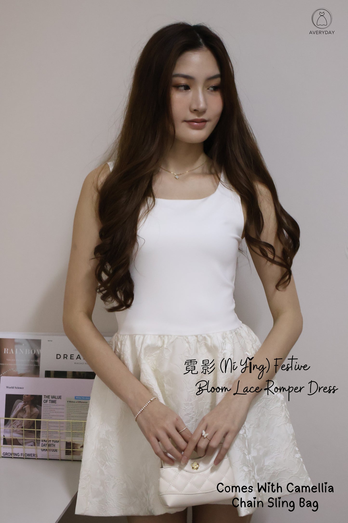 霓影 (Ní Yǐng) Festive  Bloom Lace Romper Dress In White (With Camellia Chain Sling)