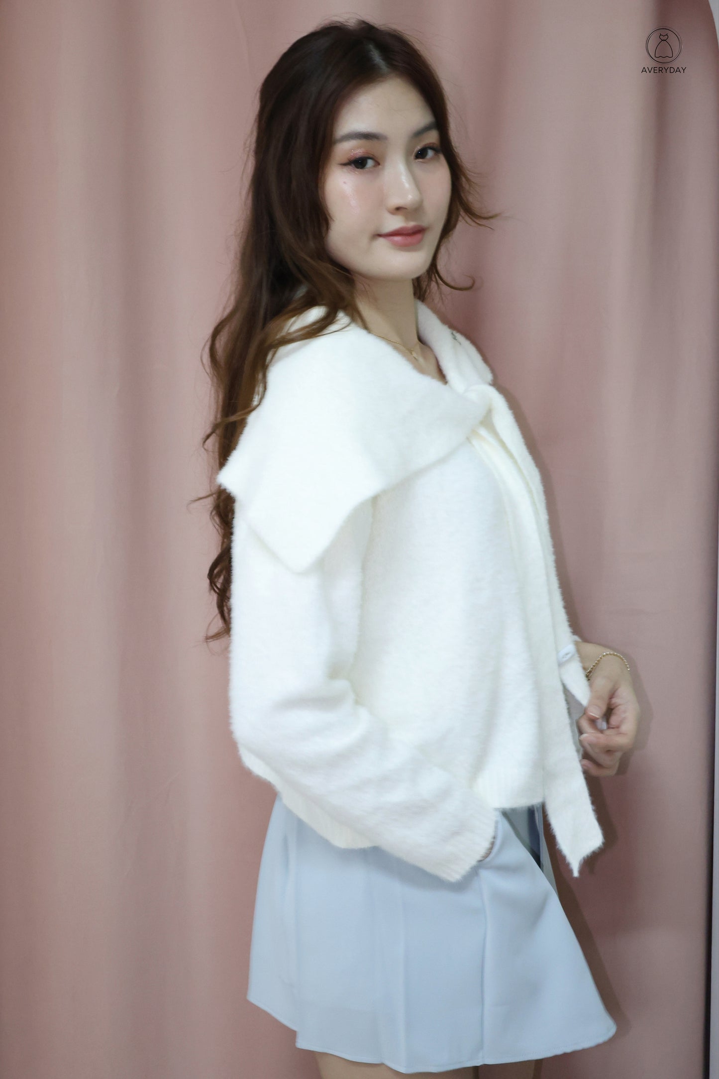 Keely Furry Ribbon Cape Cardigan In White