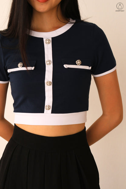 Elaine Pinwheel Contrast Button Top In Navy