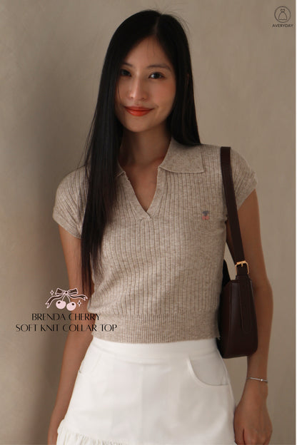Brenda Cherry Soft Knit Collar Top In Oatmeal