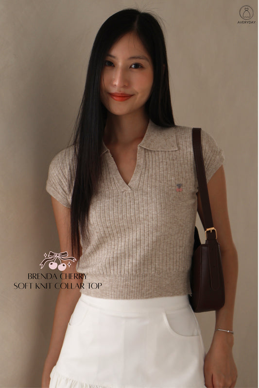 Brenda Cherry Soft Knit Collar Top In Oatmeal