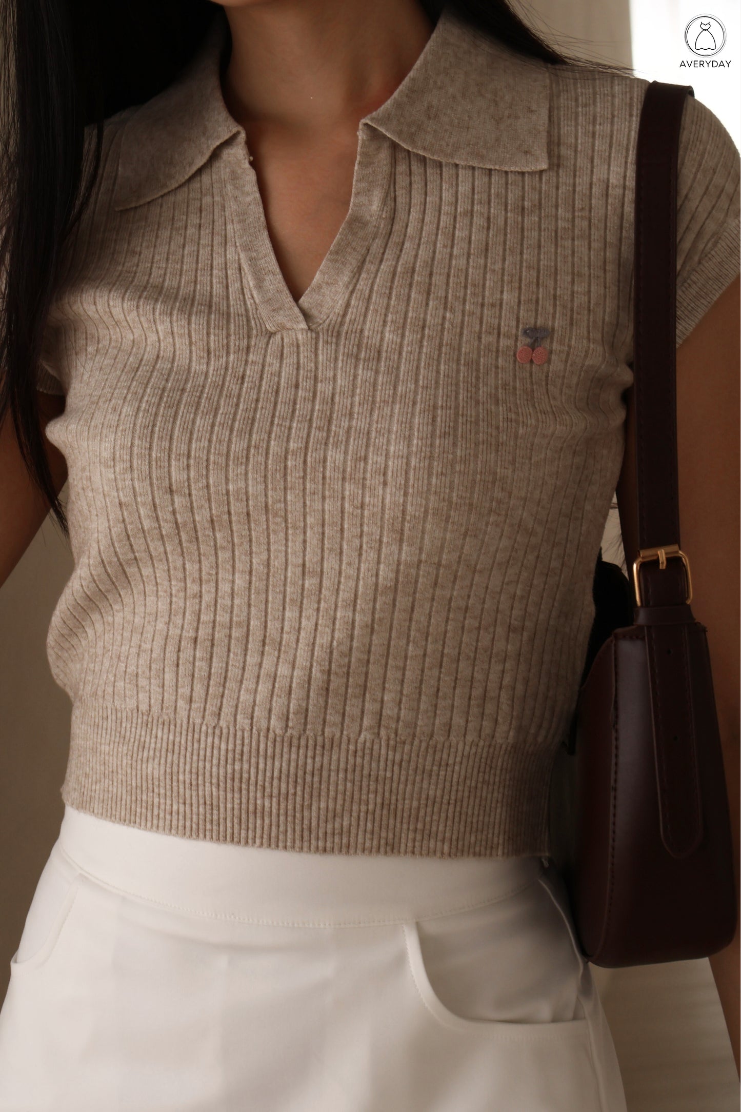 Brenda Cherry Soft Knit Collar Top In Oatmeal