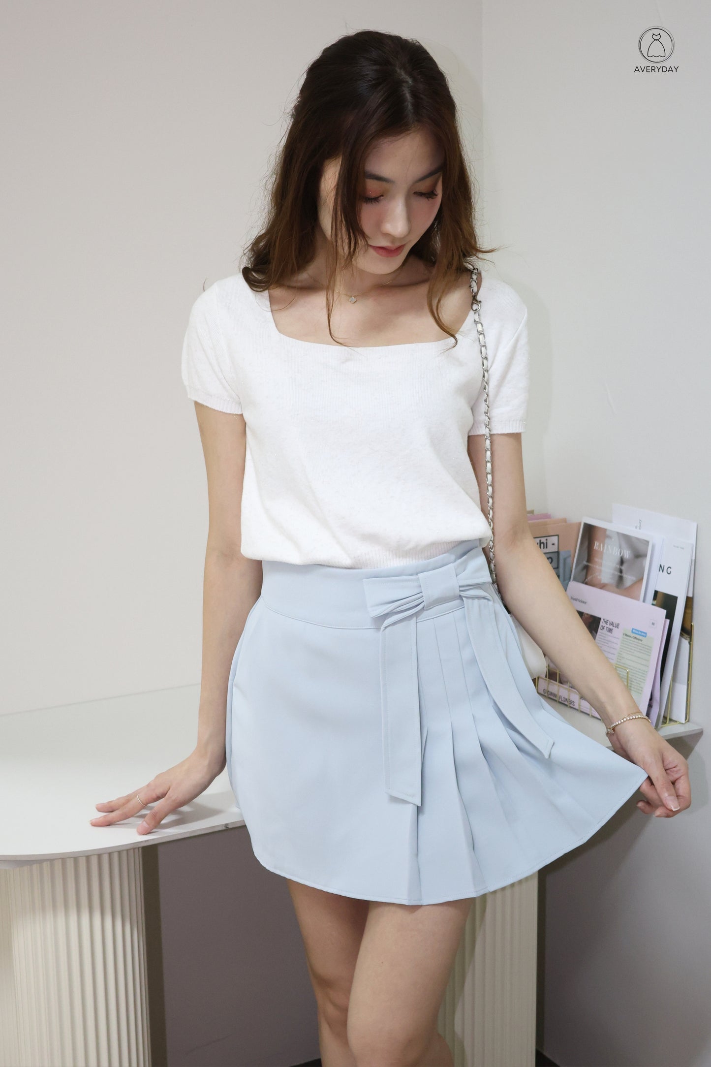 Kensy Glitter Soft Knit Square Neck Top In White