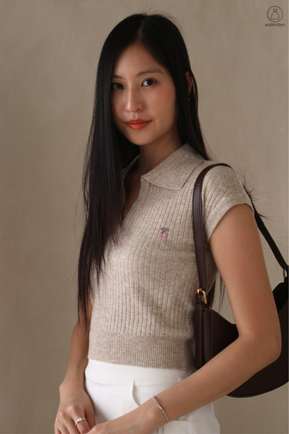 Brenda Cherry Soft Knit Collar Top In Oatmeal