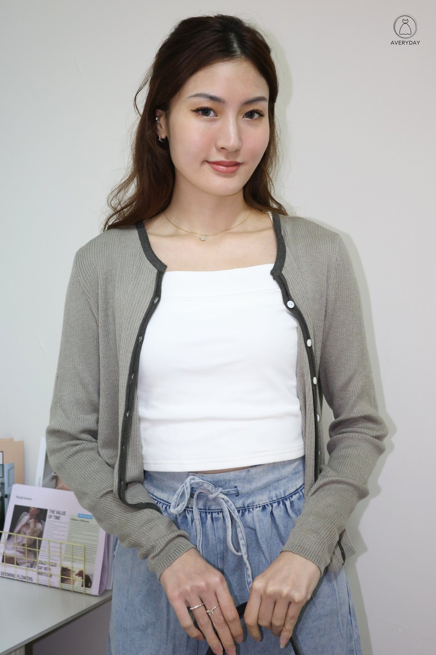 Heidi Contrast  Soft Ribbed Cardigan In Slate Grey