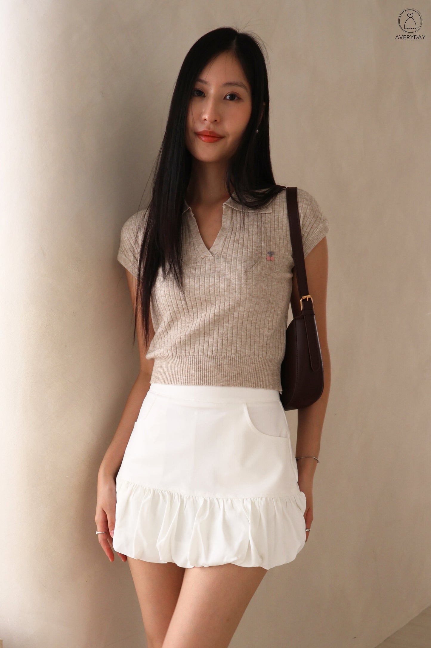 Brenda Cherry Soft Knit Collar Top In Oatmeal