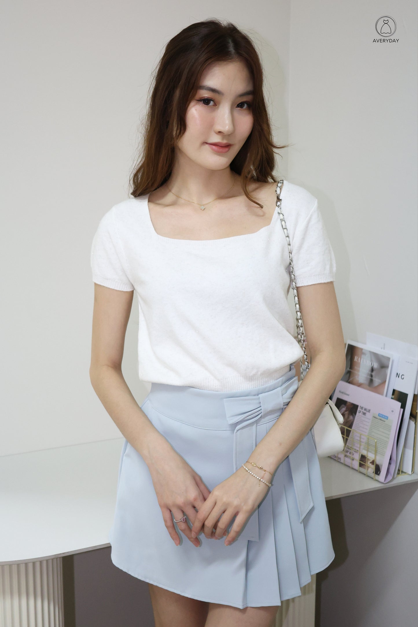 Kensy Glitter Soft Knit Square Neck Top In White