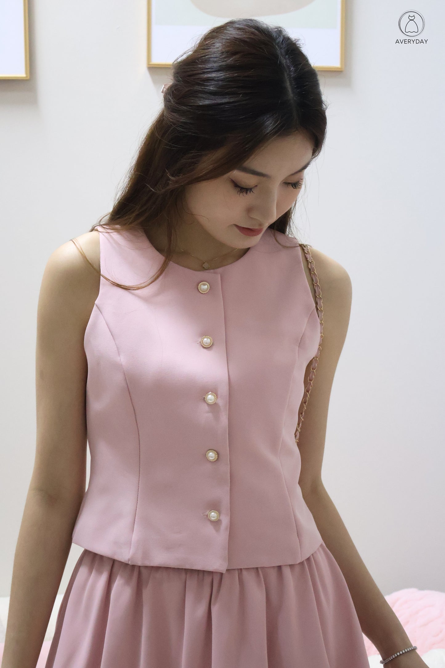 Chelsy Pearl Button Bubble Hem Co-Ords Set In Pink