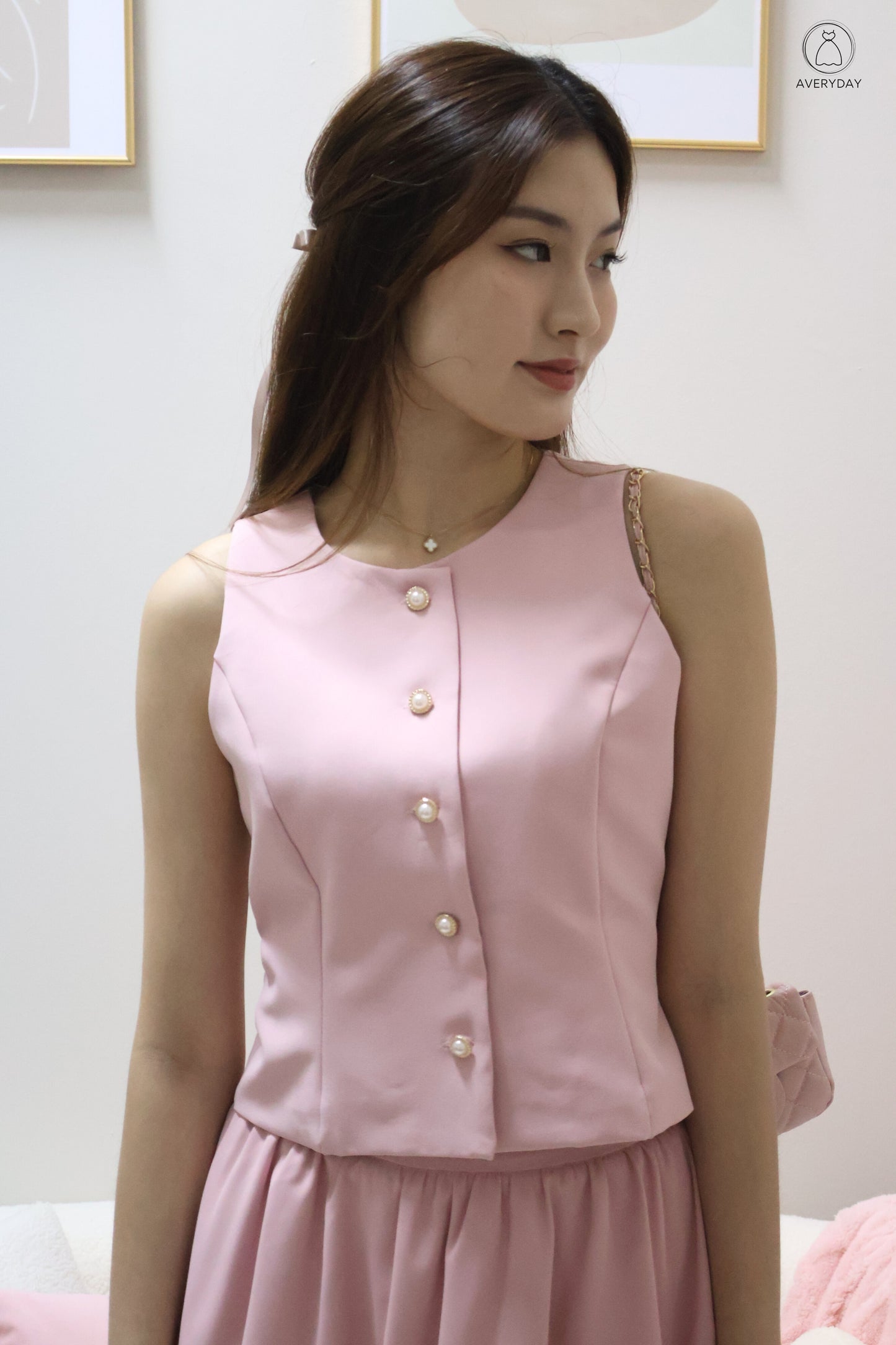Chelsy Pearl Button Bubble Hem Co-Ords Set In Pink