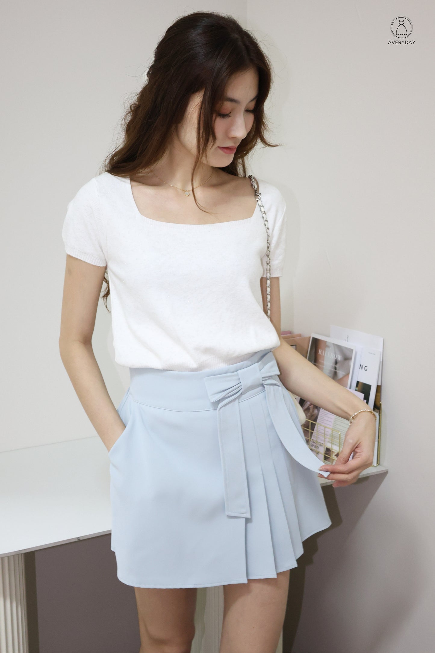 Kensy Glitter Soft Knit Square Neck Top In White