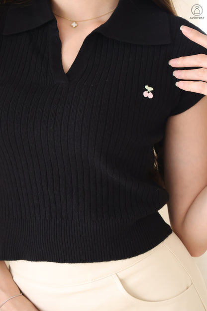 Brenda Cherry Soft Knit Collar Top In Black