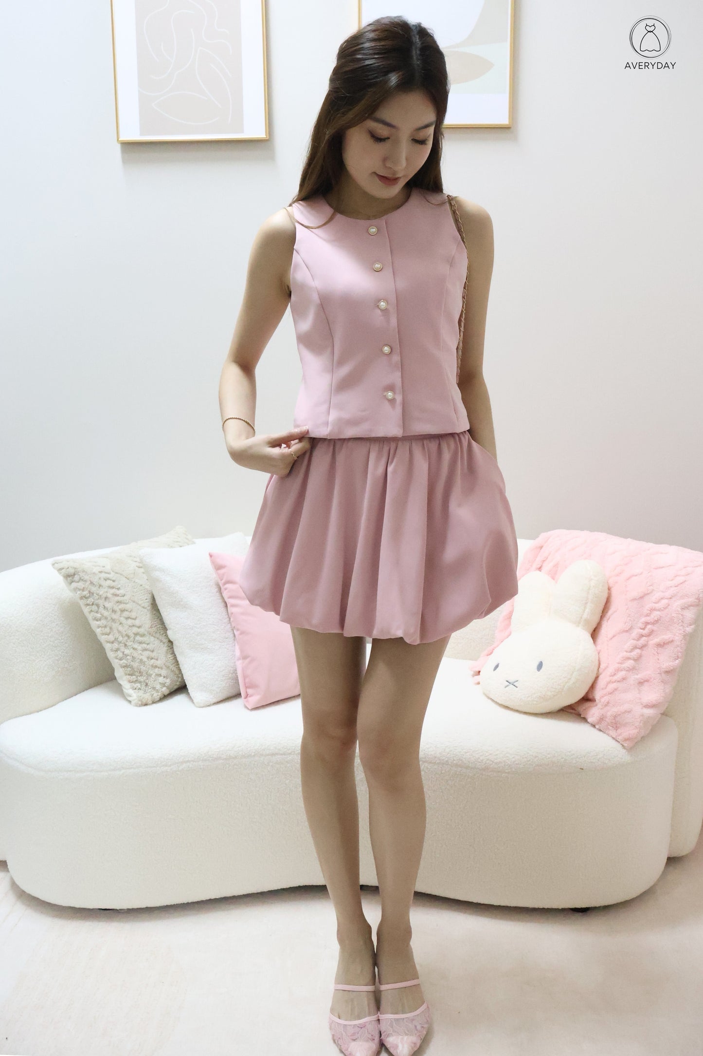 Chelsy Pearl Button Bubble Hem Co-Ords Set In Pink