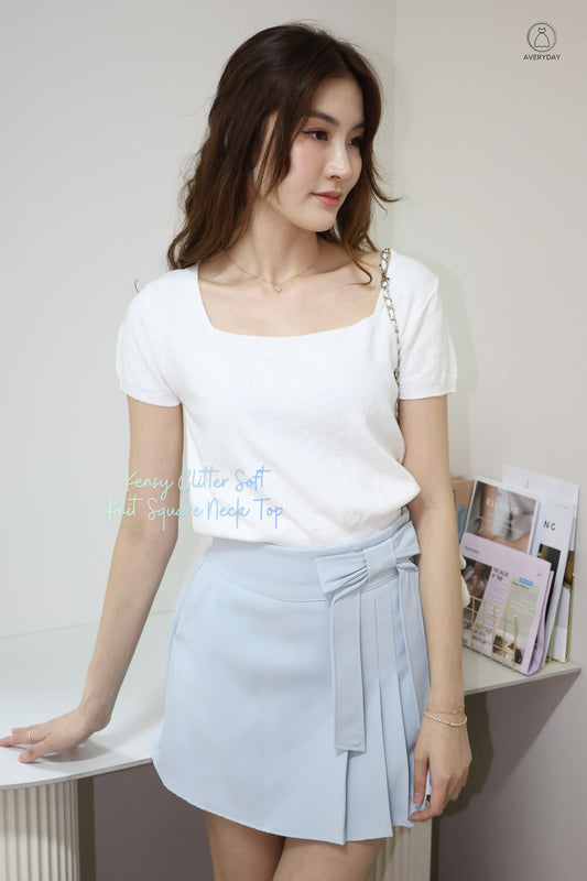 Kensy Glitter Soft Knit Square Neck Top In White