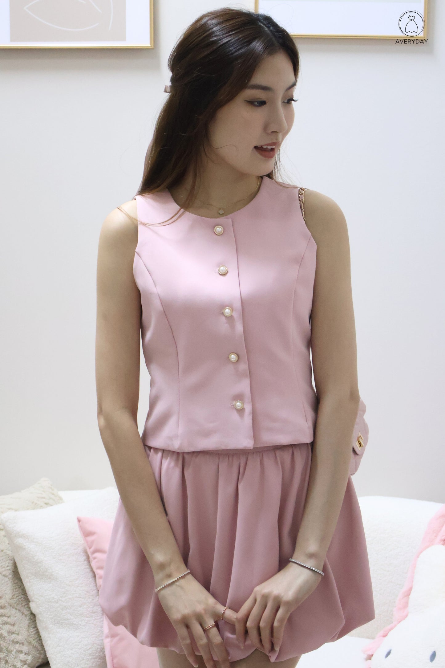Chelsy Pearl Button Bubble Hem Co-Ords Set In Pink