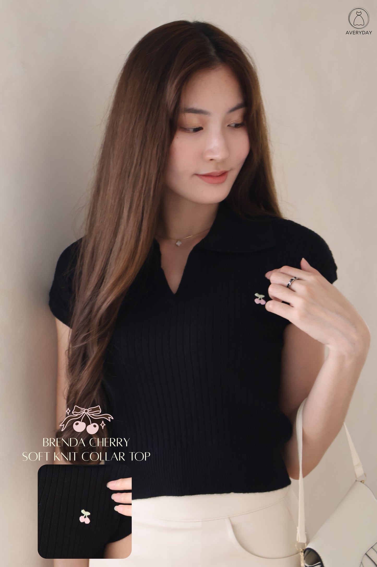 Brenda Cherry Soft Knit Collar Top In Black