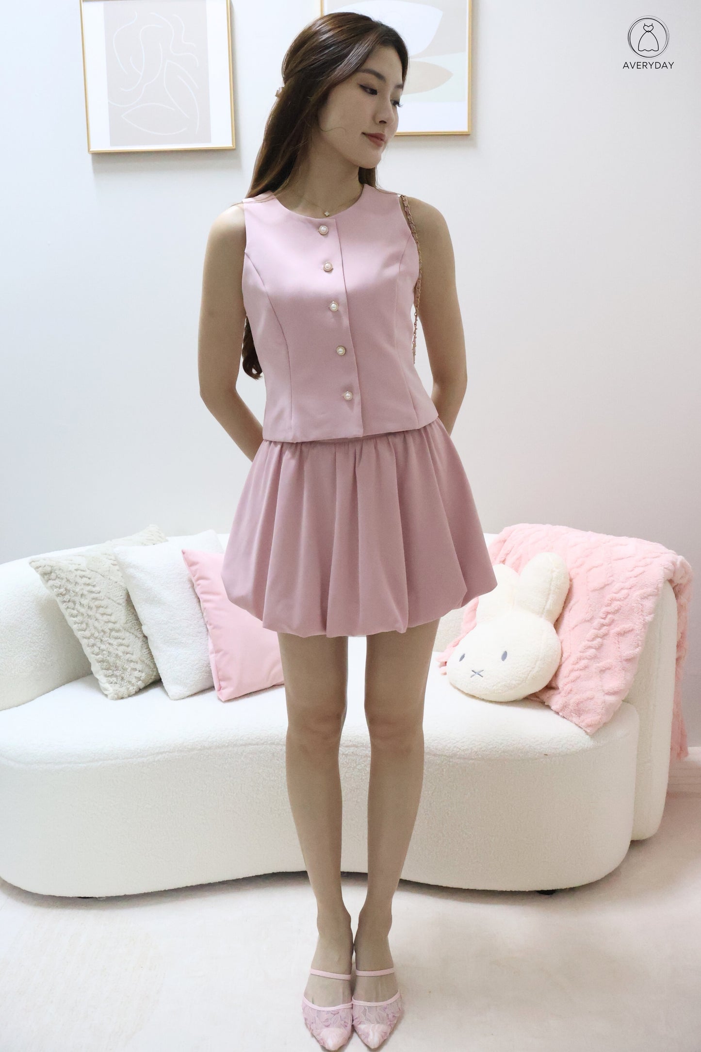 Chelsy Pearl Button Bubble Hem Co-Ords Set In Pink