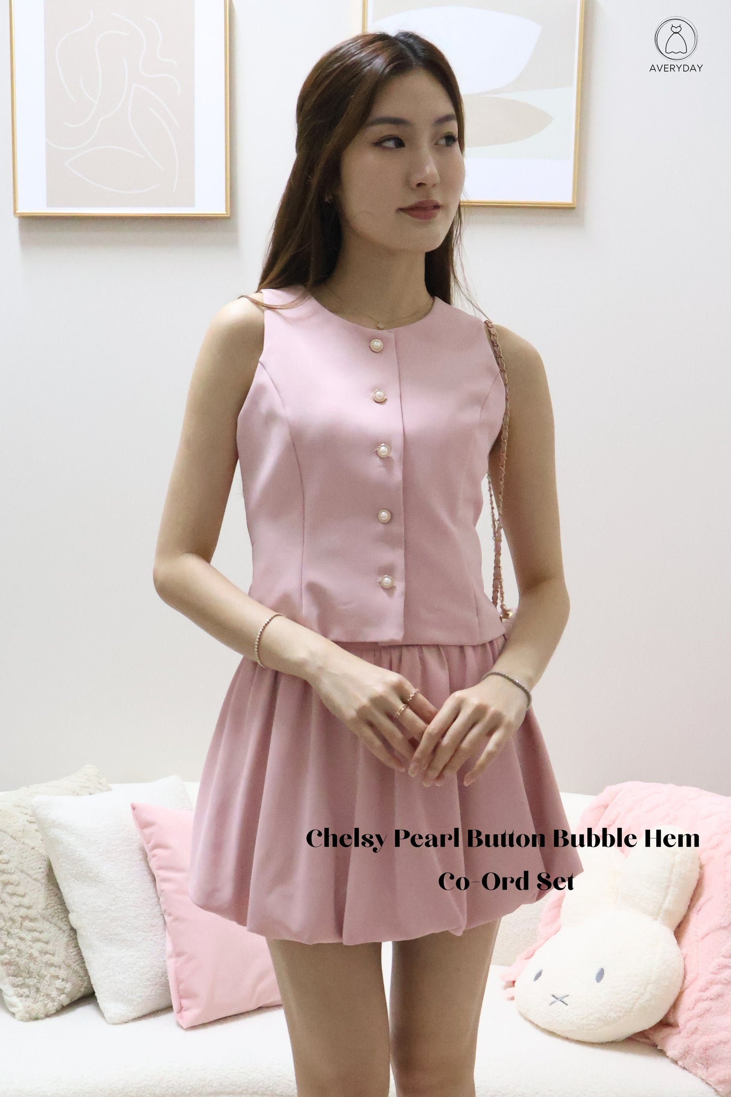 Chelsy Pearl Button Bubble Hem Co-Ords Set In Pink