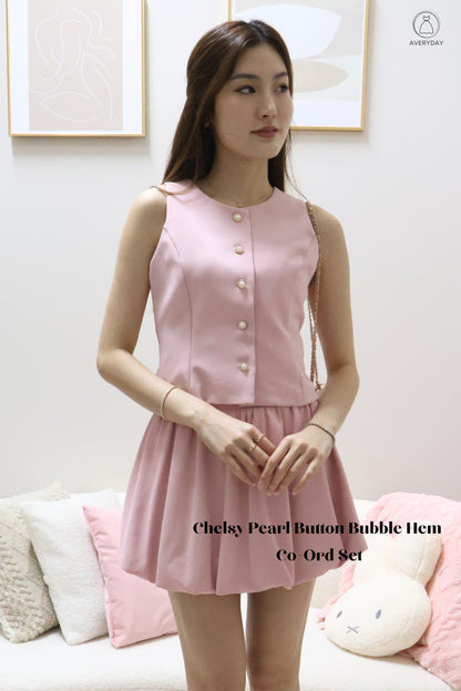 Chelsy Pearl Button Bubble Hem Co-Ords Set In Pink