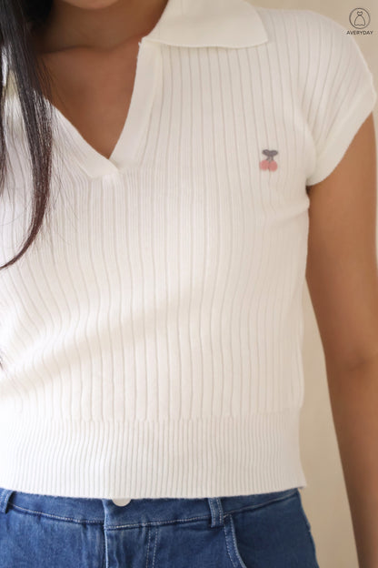 Brenda Cherry Soft Knit Collar Top In White