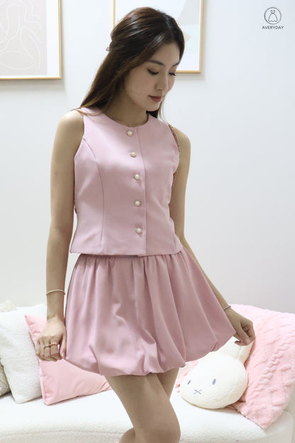 Chelsy Pearl Button Bubble Hem Co-Ords Set In Pink