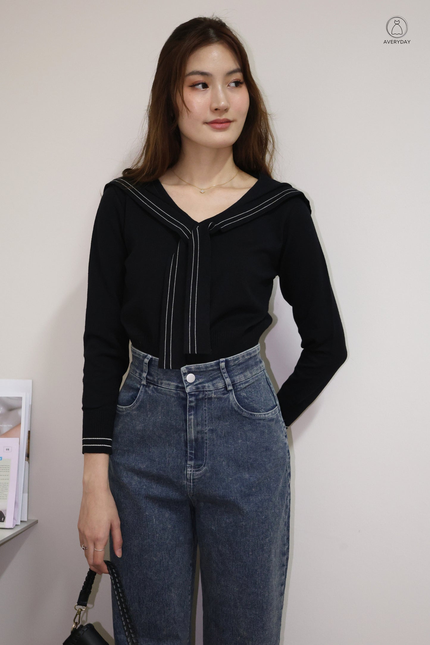 Tayler Nautical Tie Front Knit Top In Black