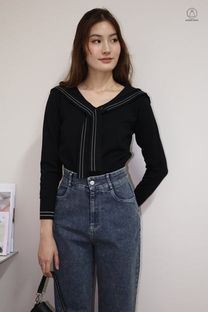 Tayler Nautical Tie Front Knit Top In Black