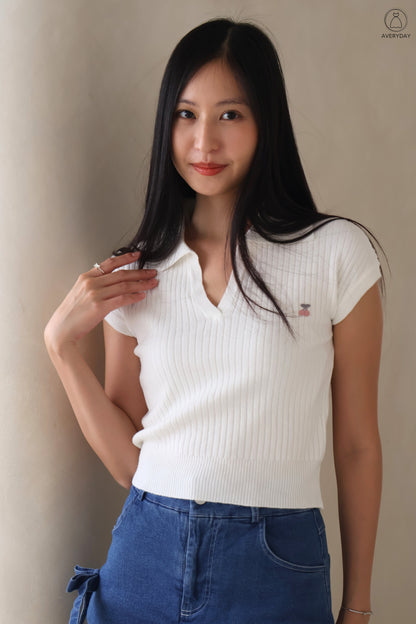 Brenda Cherry Soft Knit Collar Top In White