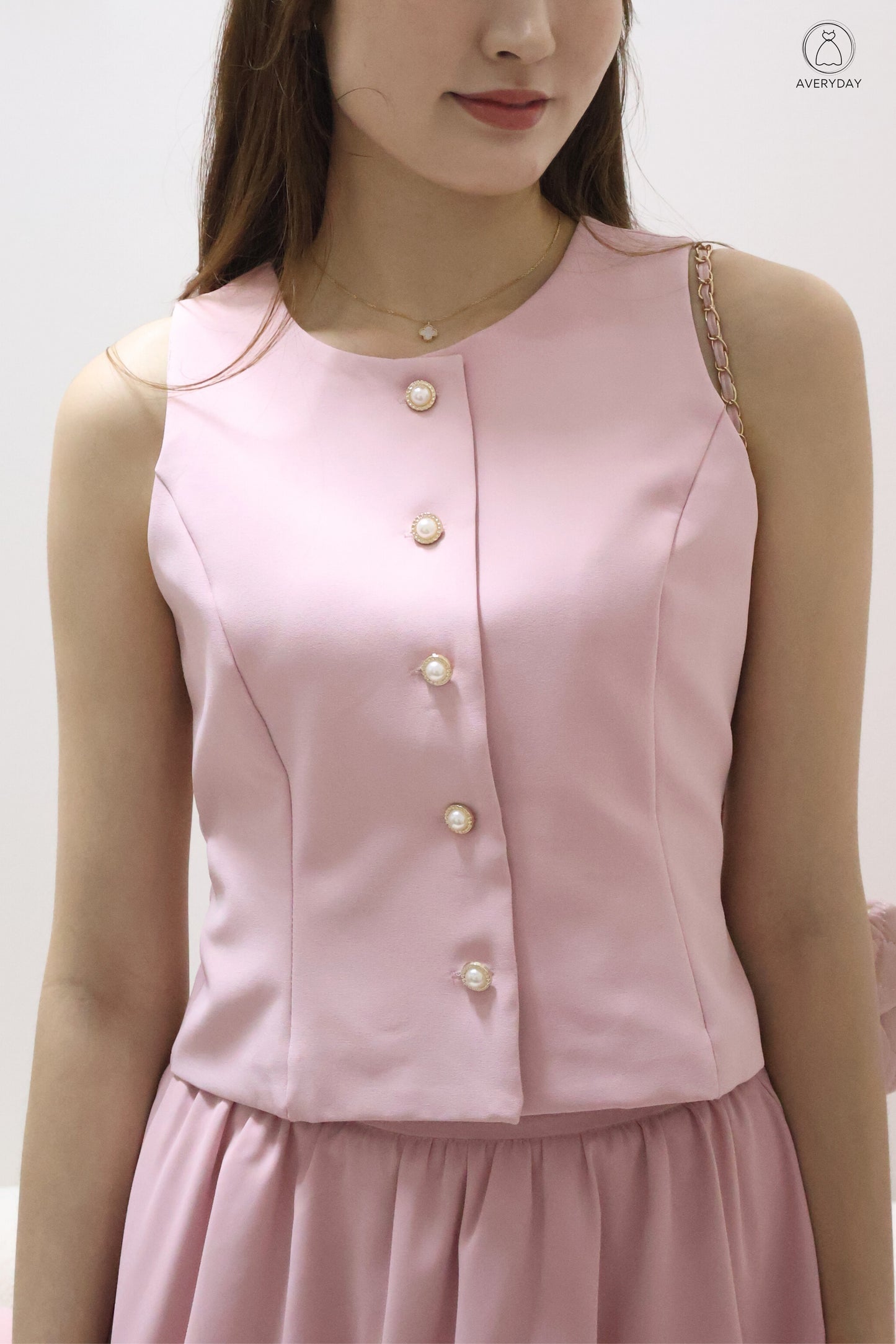 Chelsy Pearl Button Bubble Hem Co-Ords Set In Pink