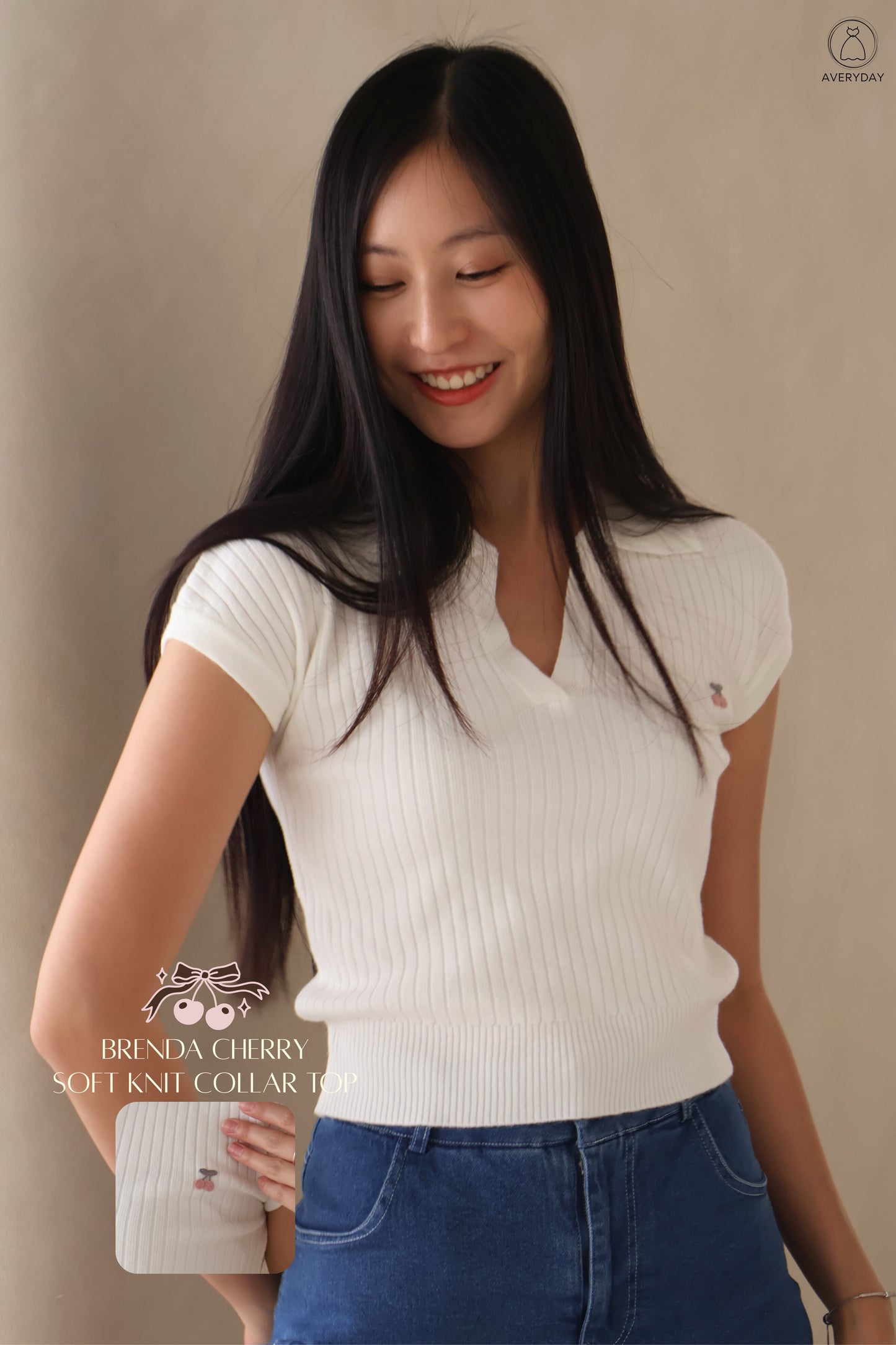 Brenda Cherry Soft Knit Collar Top In White