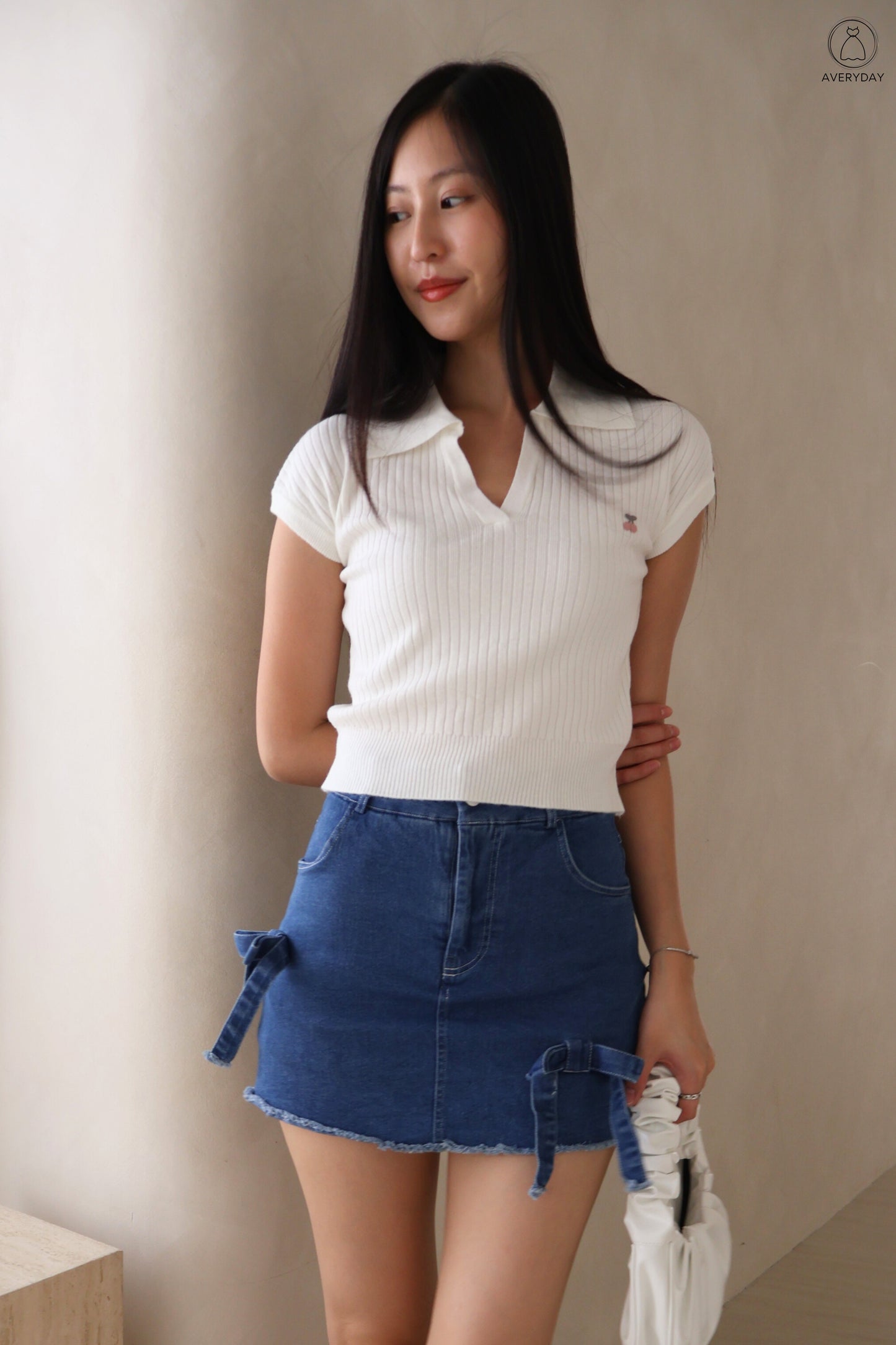 Brenda Cherry Soft Knit Collar Top In White