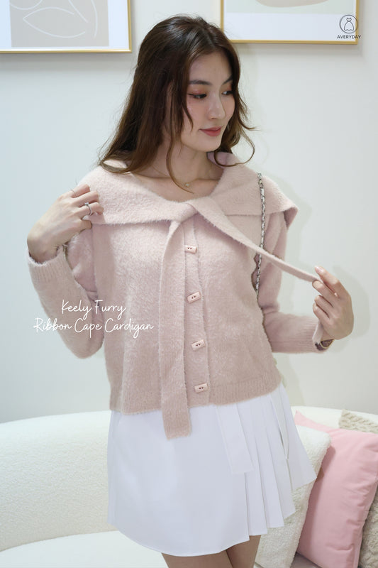 Keely Furry Ribbon Cape Cardigan In Pink