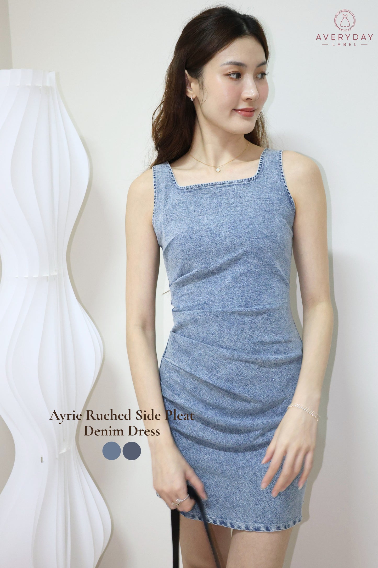 Ayrie Ruched Side Pleat Denim Dress In Blue Wash