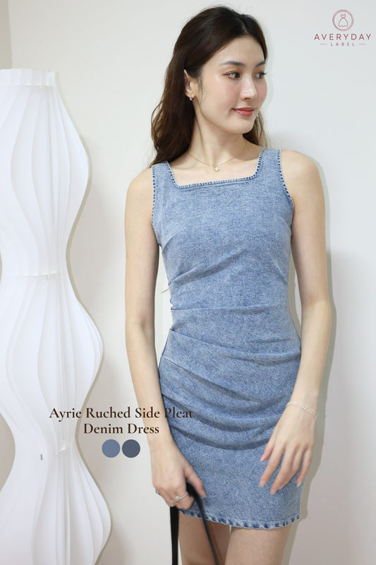 Ayrie Ruched Side Pleat Denim Dress In Blue Wash