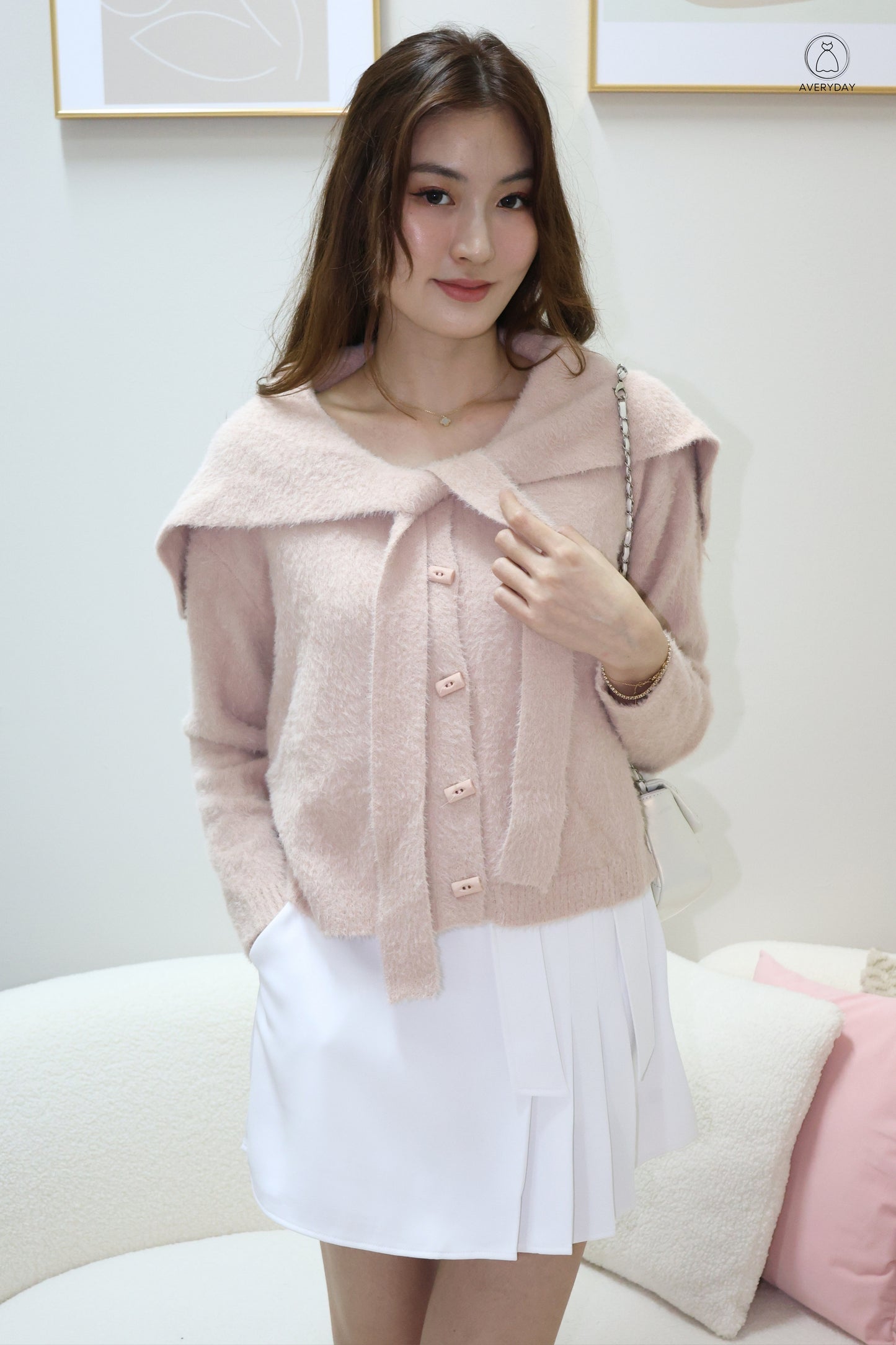 Keely Furry Ribbon Cape Cardigan In Pink