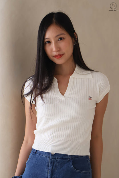 Brenda Cherry Soft Knit Collar Top In White