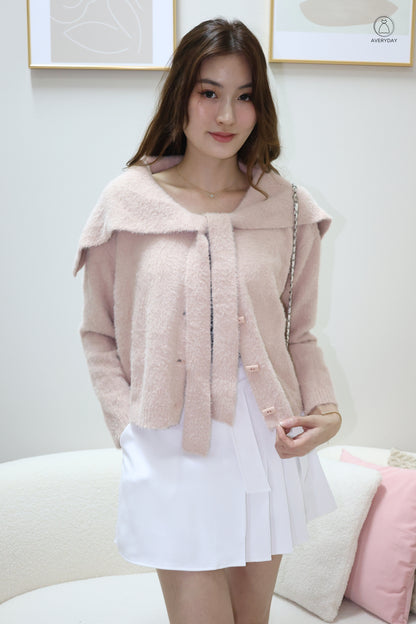 Keely Furry Ribbon Cape Cardigan In Pink