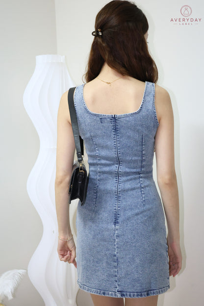 Ayrie Ruched Side Pleat Denim Dress In Blue Wash