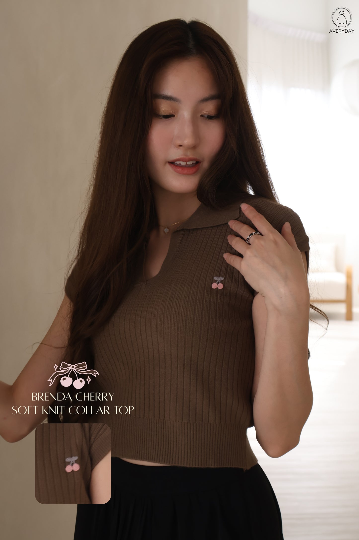 Brenda Cherry Soft Knit Collar Top In Coffee