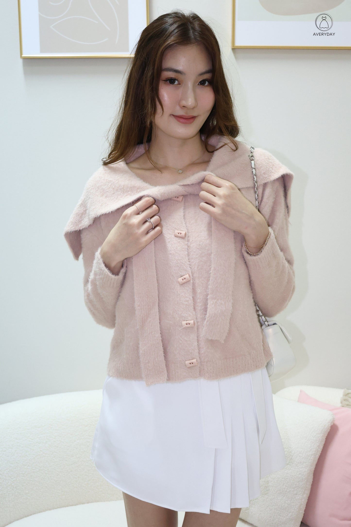 Keely Furry Ribbon Cape Cardigan In Pink
