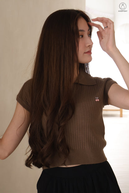 Brenda Cherry Soft Knit Collar Top In Coffee