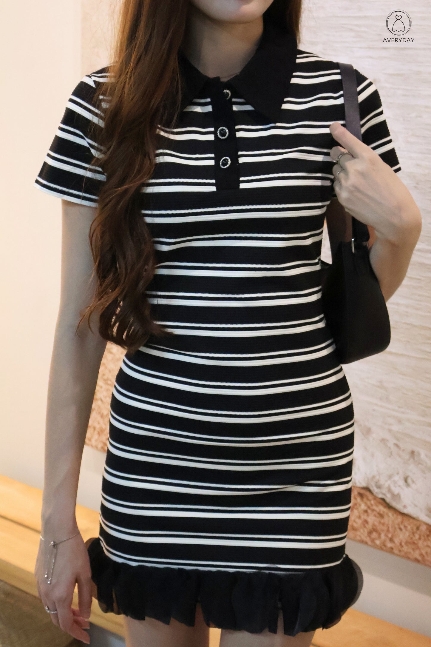 Eliza Polo Button Down Dress In Black Stripe