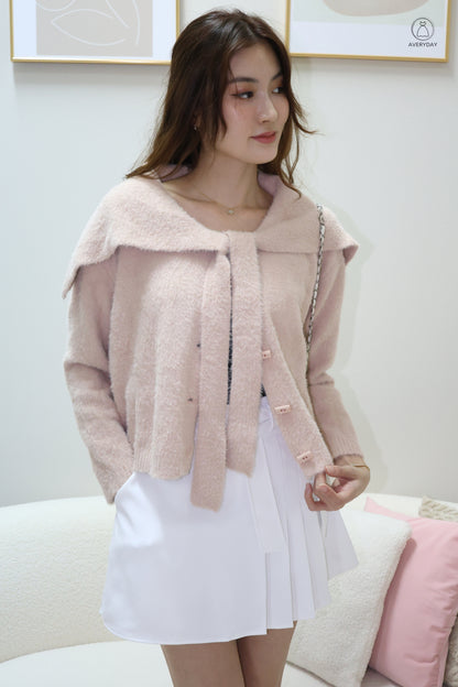 Keely Furry Ribbon Cape Cardigan In Pink
