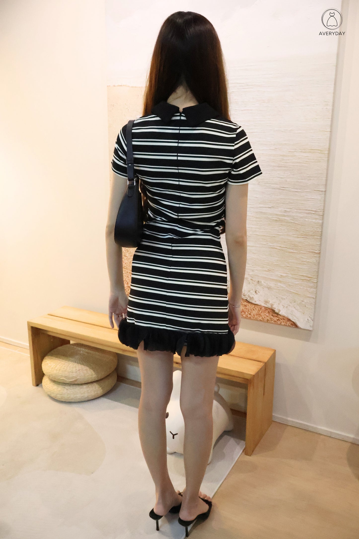 Eliza Polo Button Down Dress In Black Stripe