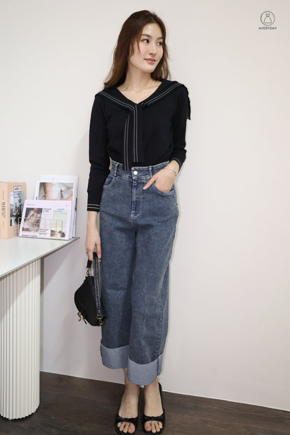 Tayler Nautical Tie Front Knit Top In Black
