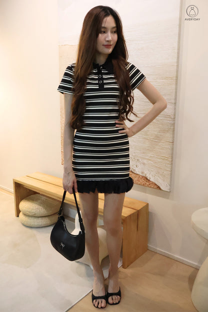 Eliza Polo Button Down Dress In Black Stripe
