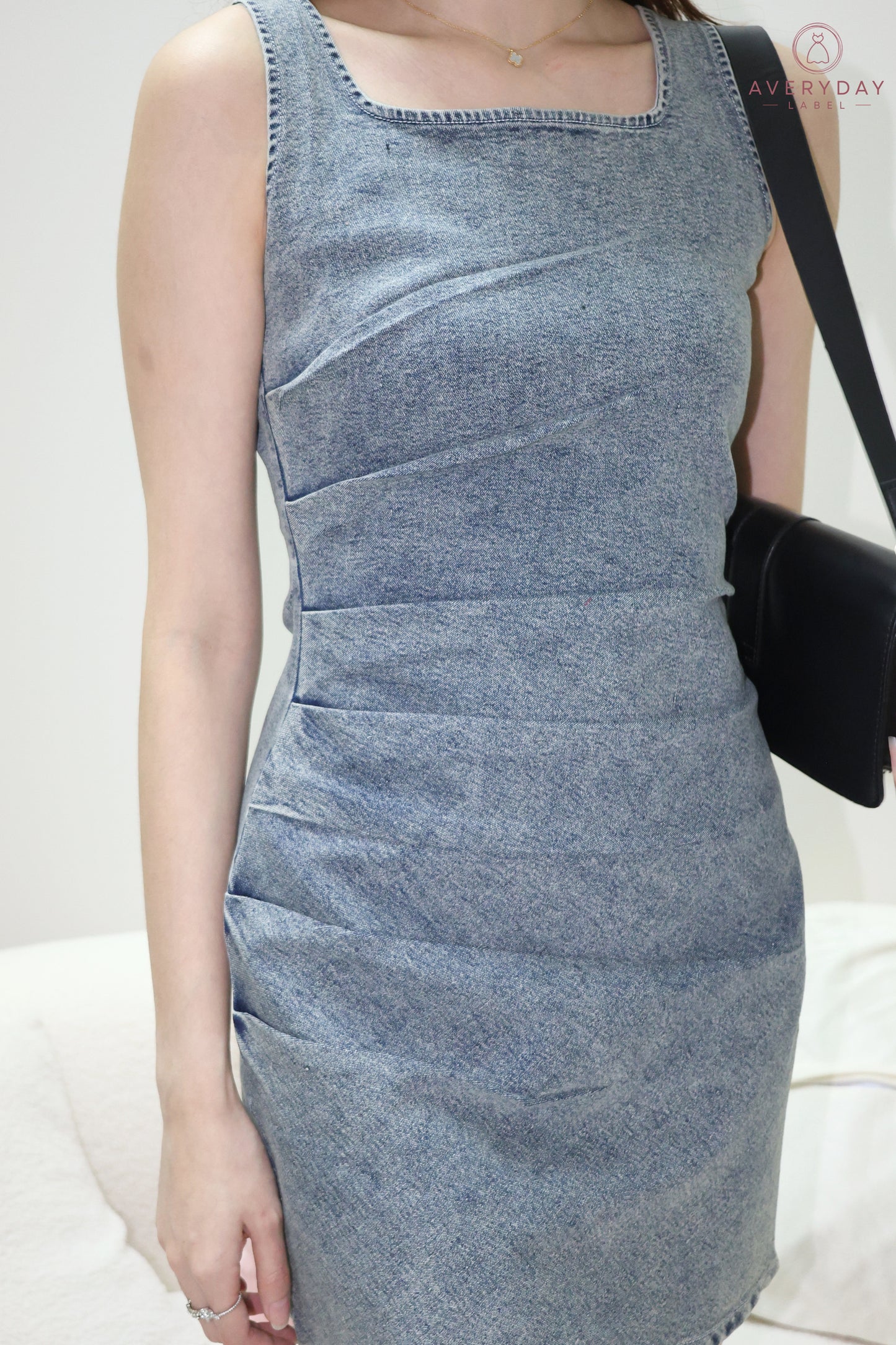 Ayrie Ruched Side Pleat Denim Dress In Grey Wash